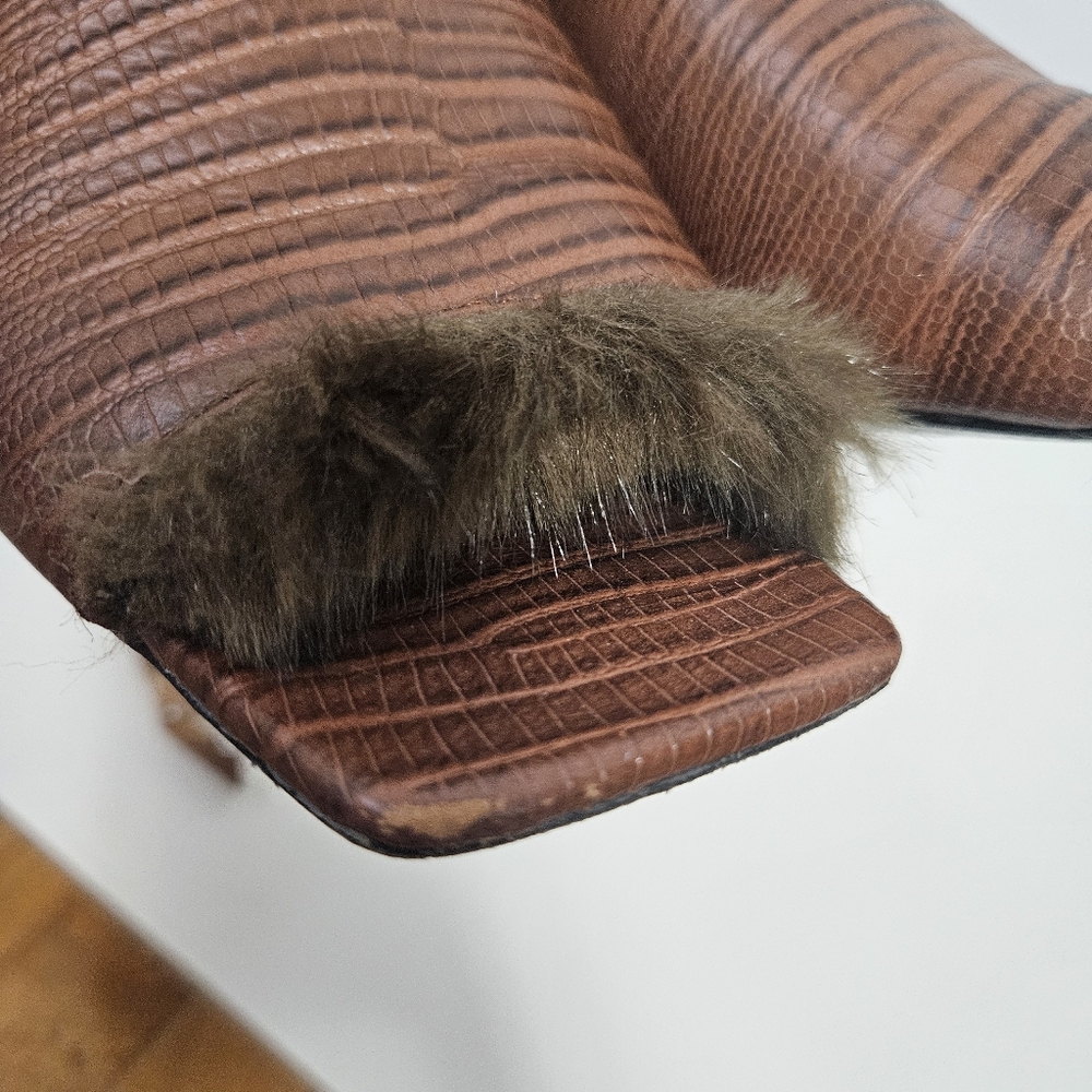 Suzanne Rae Faux Lizard With Faux Mink Lining Mules Slides 7.5 Brown Block Heel - Picture 10 of 11